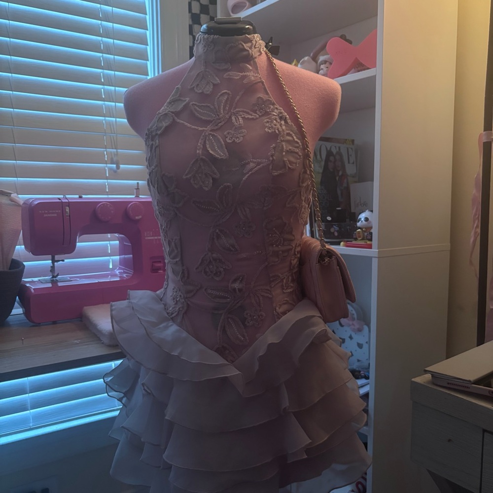 Pink Lace Halter Dress with Ruffles